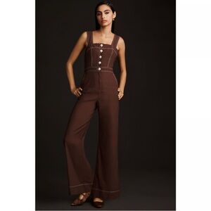 New Anthropologie Maeve Portside Colette Button Front Brown Fall Jumpsuit 8